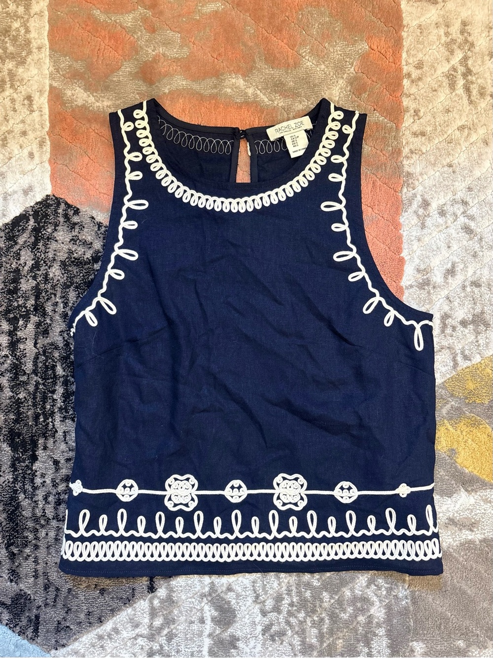 Rachel Zoe Navy Sleeveless Embroidered Tank Top